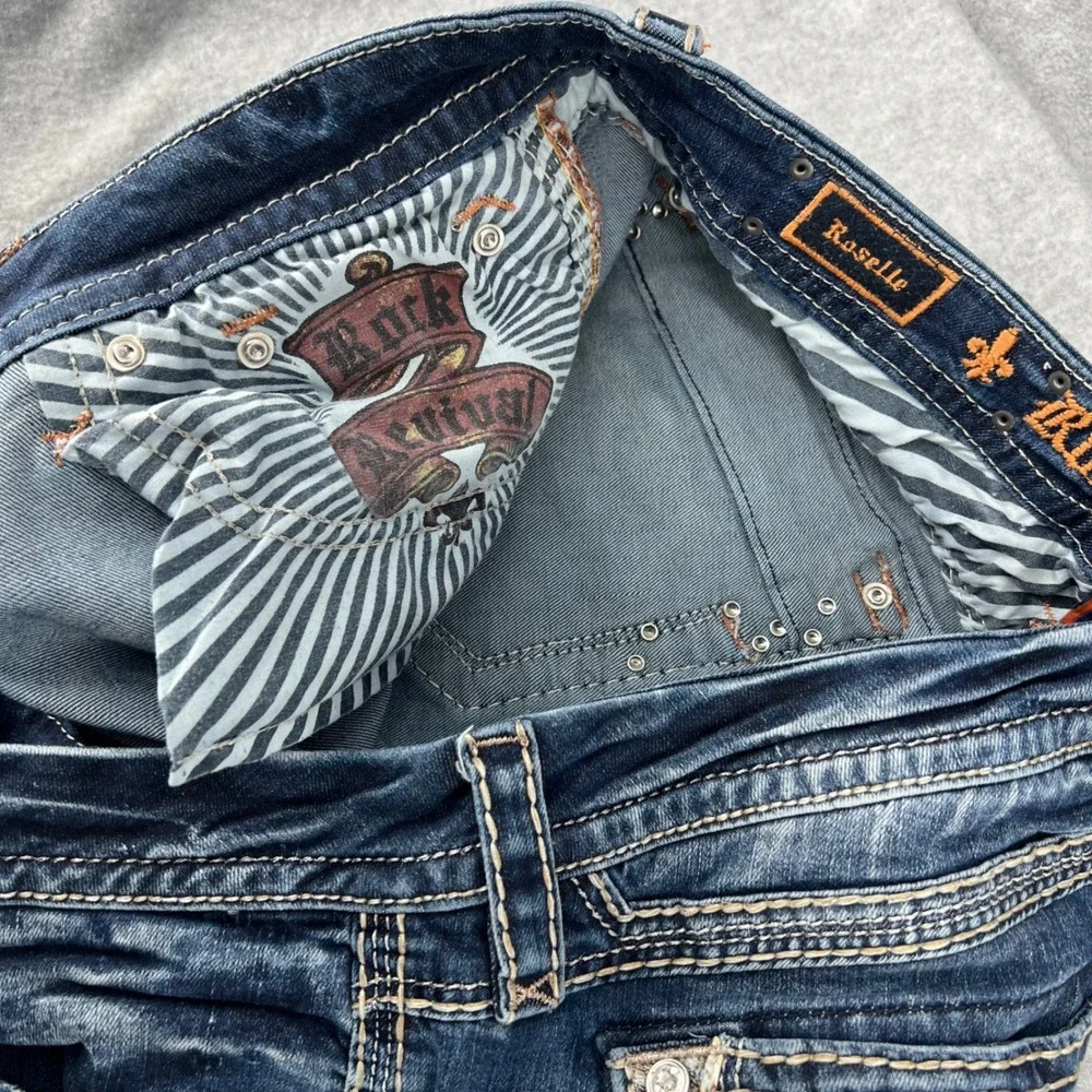 Rock Revival Roselle E Easy Boot Jeans Blue Embroidered Flap Pocket Size 33